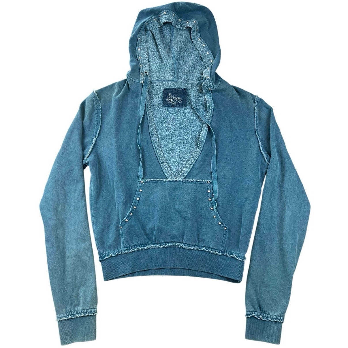Carmar Y2k Mineral Wash Cropped Hoodie Blue Raw Edge Studded Boho Pullover M
